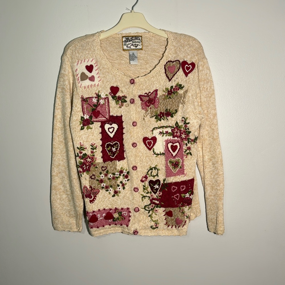 vintage y2k cardigan with hearts roses and butterflies and beaded details